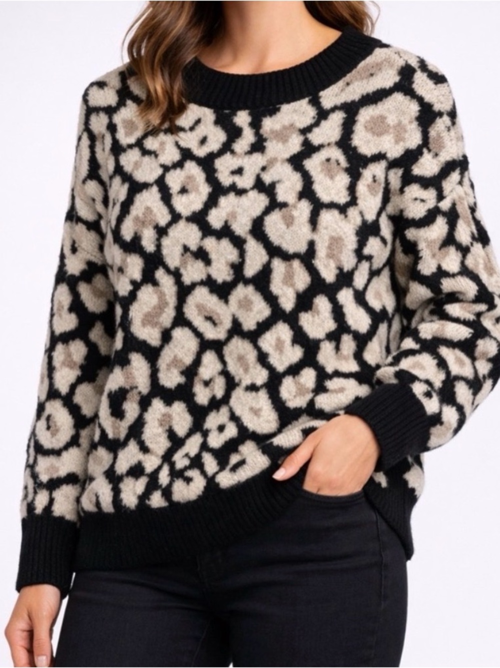 Vince Camuto Women’s Leopard Print Knit Sweater women’s Size M Black Beige(C45)✨